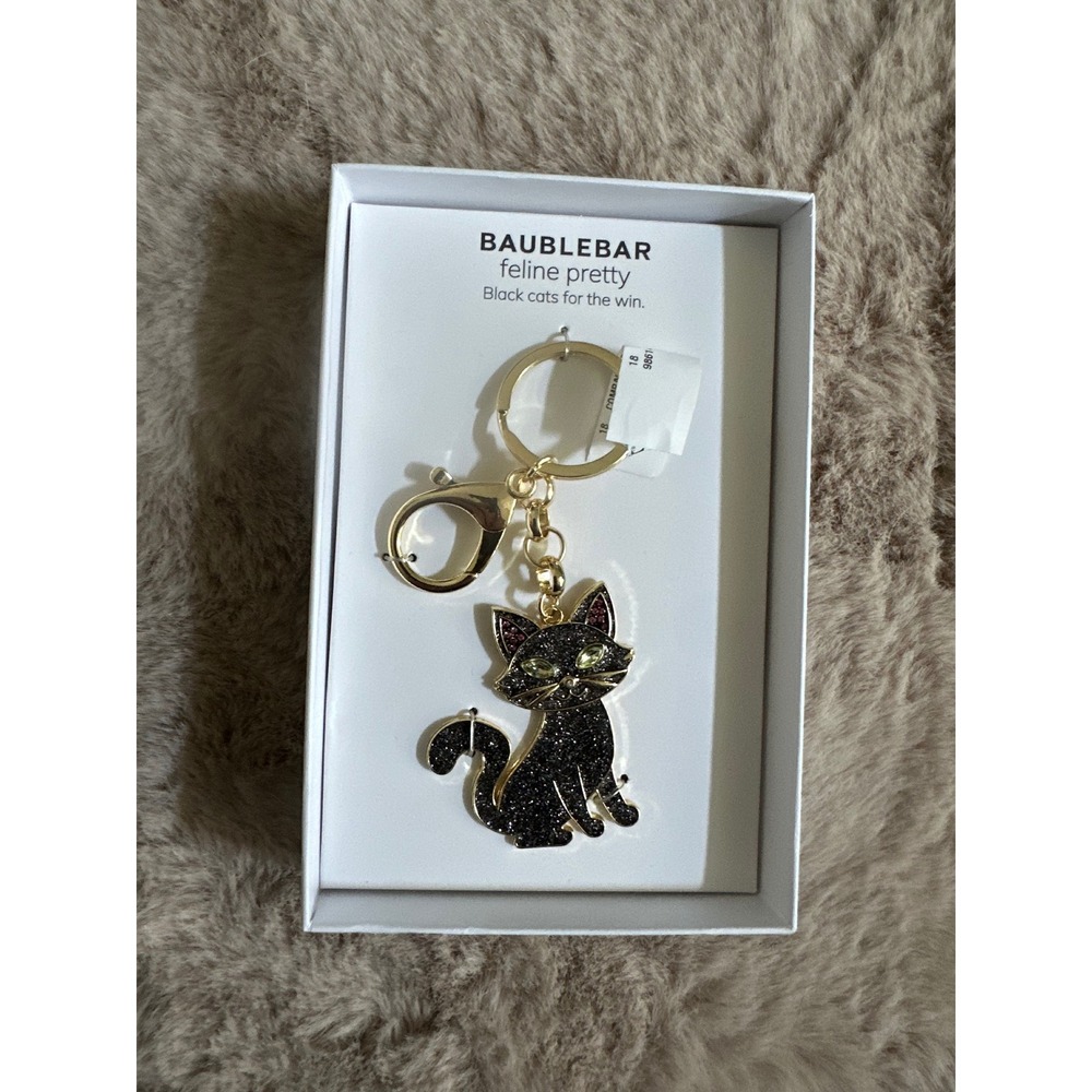 BaubleBar Feline Pretty Black Cat Keychain Gold Tone Glitter Bag Charm NIB